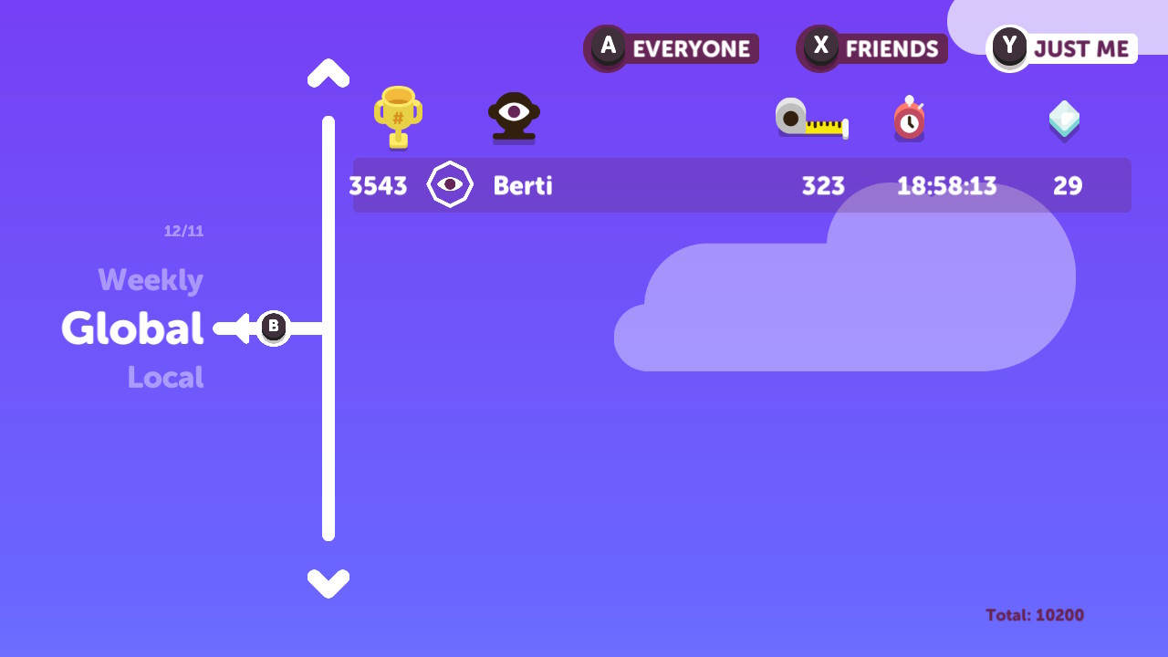Screenshot: TumbleSeed online leaderboards of Adventure mode showing Berti at 3543rd place having reached 323m in 18:58.13